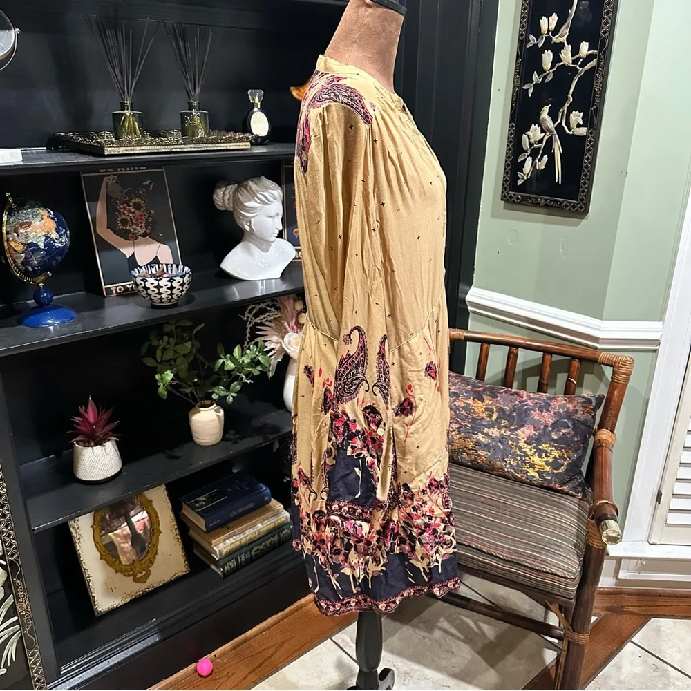 Free People Sierra Valley Shirt Dress – Gold Combo, Paisley Floral, Size Medium